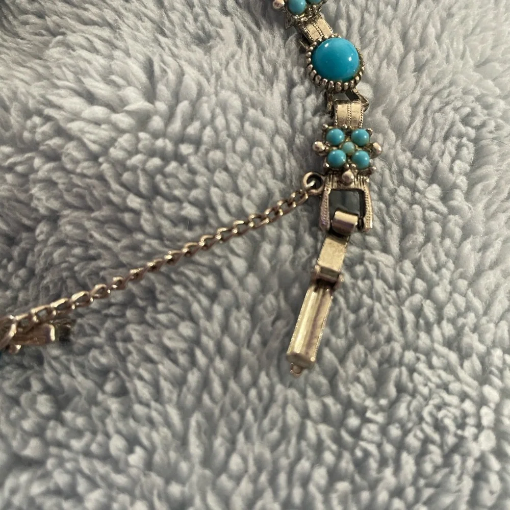 Vintage Mid-Century Silvertone Turquoise Floral Link Bracelet with Safety Chain